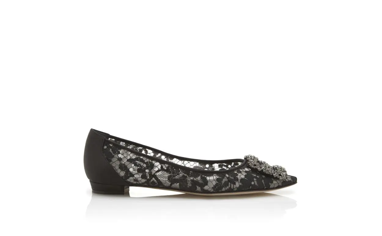 HANGISIFLAT LACE Black Lace Jewel Buckle Flat Shoes
