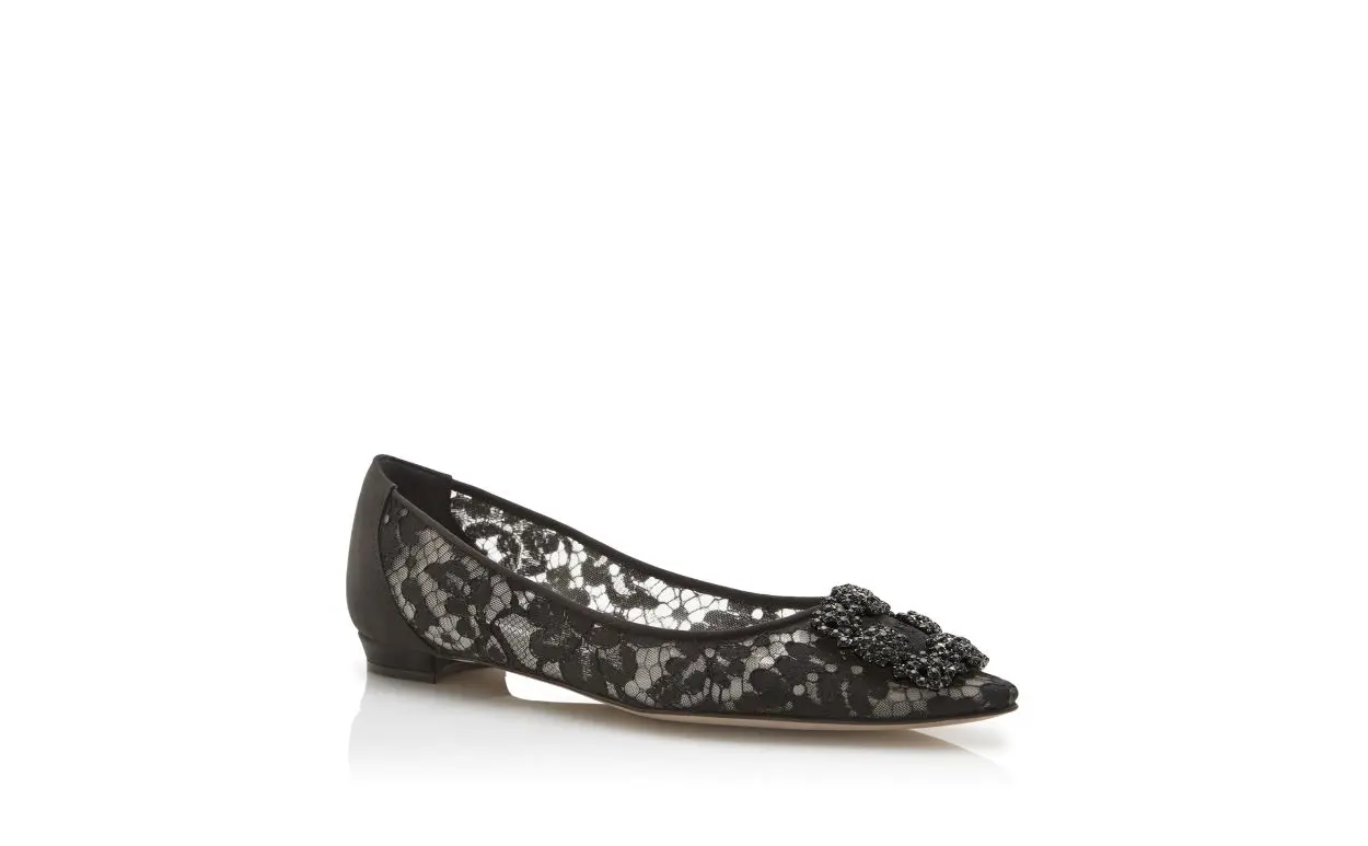 HANGISIFLAT LACE Black Lace Jewel Buckle Flats