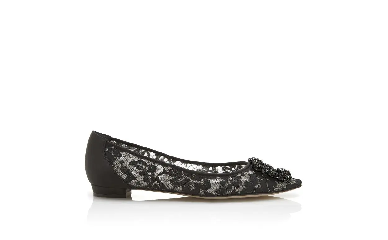 HANGISIFLAT LACE Black Lace Jewel Buckle Flats