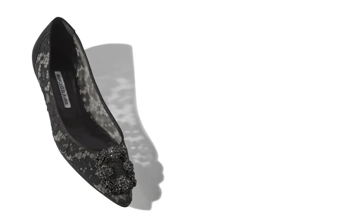 HANGISIFLAT LACE Black Lace Jewel Buckle Flats