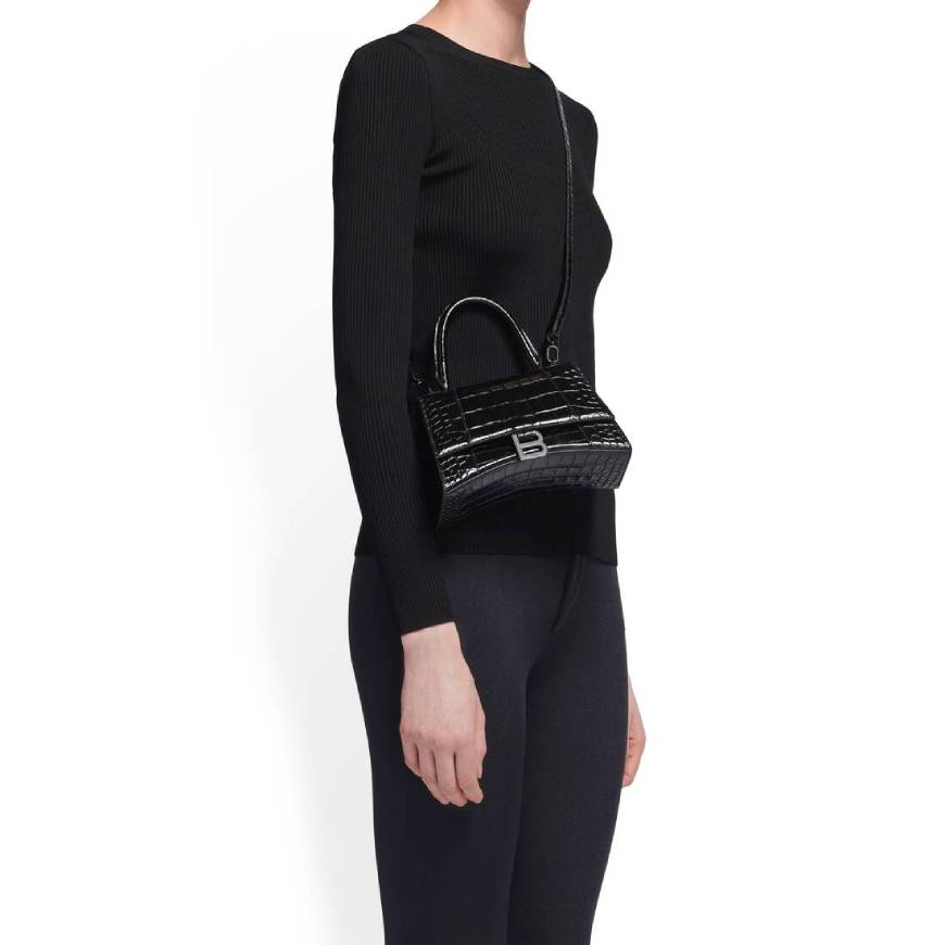 WOMEN'S HOURGLASS XS HANDBAG CROCODILE EMBOSSED IN BLACK