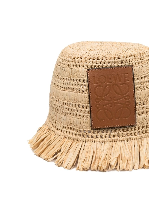 Logo patch raffia fringe crochet hat