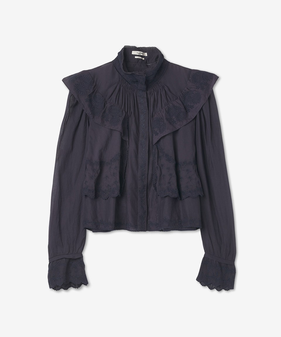 Women's embroidered ruffled shirt - faded night 