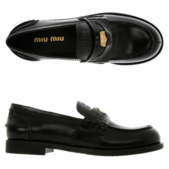 (W) Miu Miu Leather Penny Loafers Black