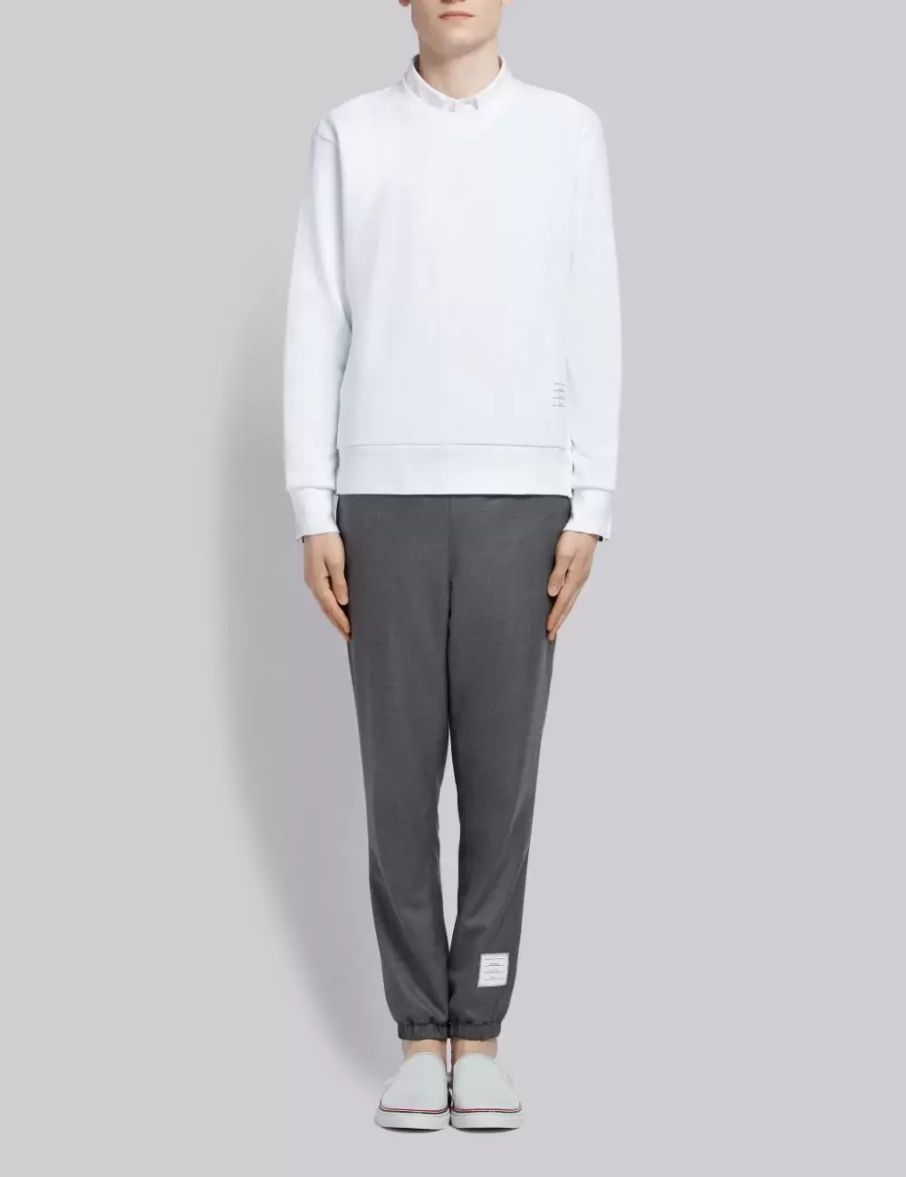 WHITE LOOPBACK JERSEY KNIT CENTERBACK STRIPED CREWNECK PULLOVER