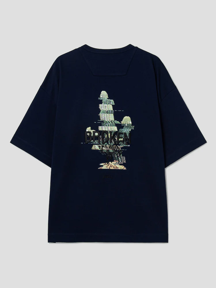 Cotton Graphic Semi-Overfit Short Sleeve T-Shirt - Navy