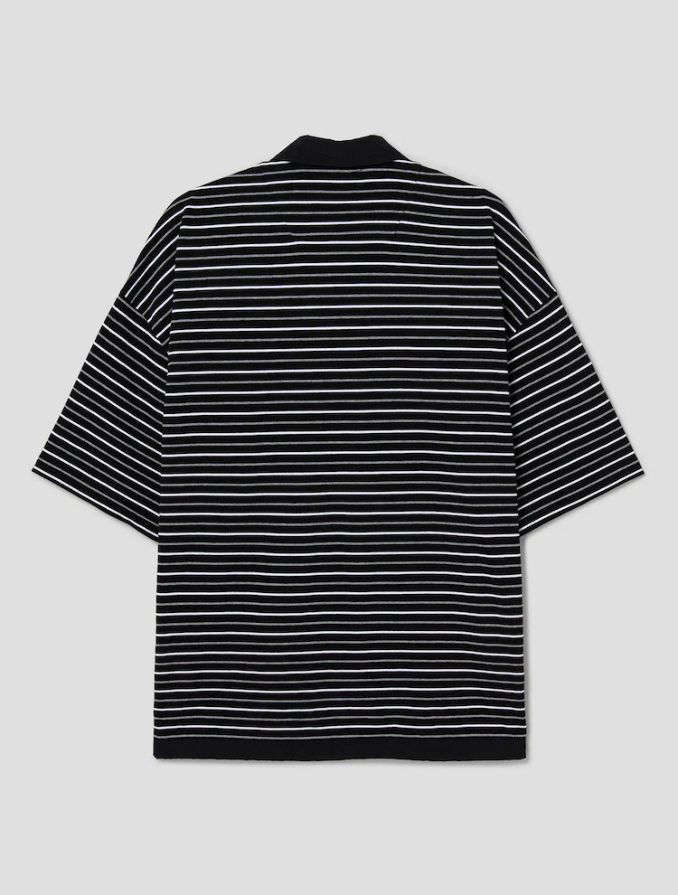 Cotton Stripe Short Sleeve Collar T-Shirt - Gray