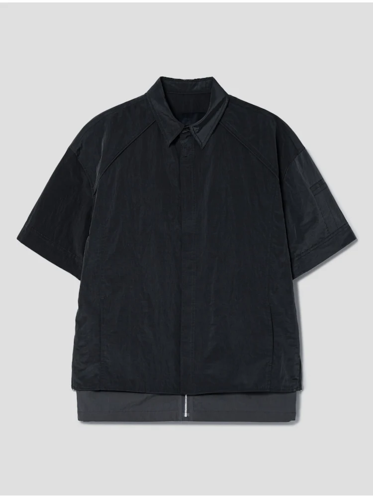 Layered Short Sleeve Zip Up Shirt - Gray