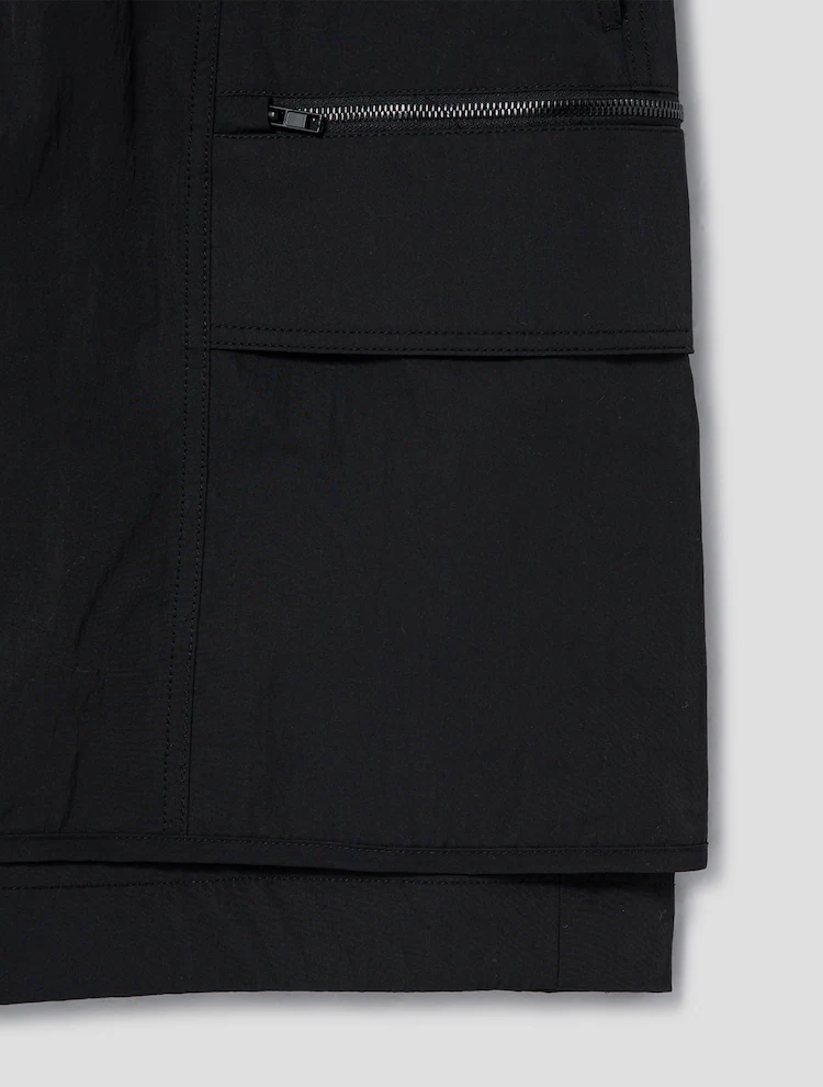 Nylon Layered Detail Long Short Pants - Black