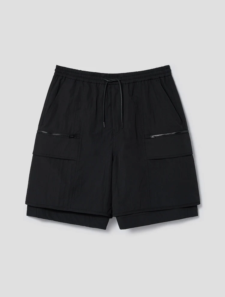 Nylon Layered Detail Long Short Pants - Black