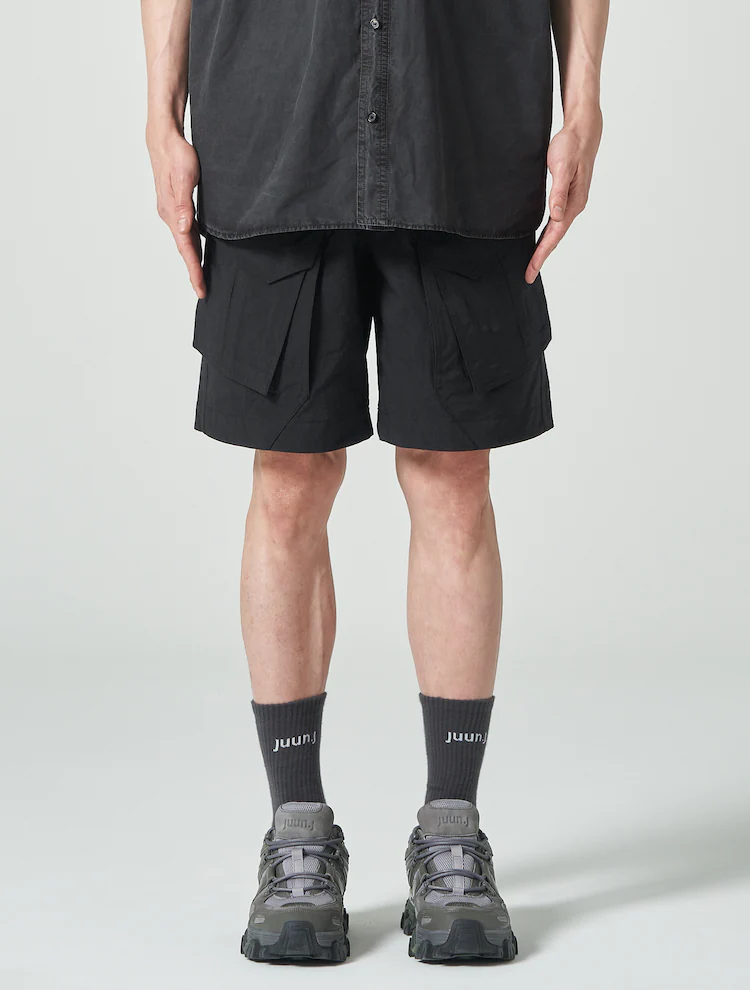 Nylon Diagonal Cargo Shorts - Black