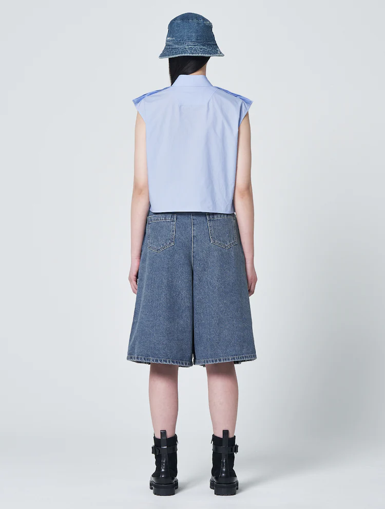 Denim Pleated Shorts - Sky Blue