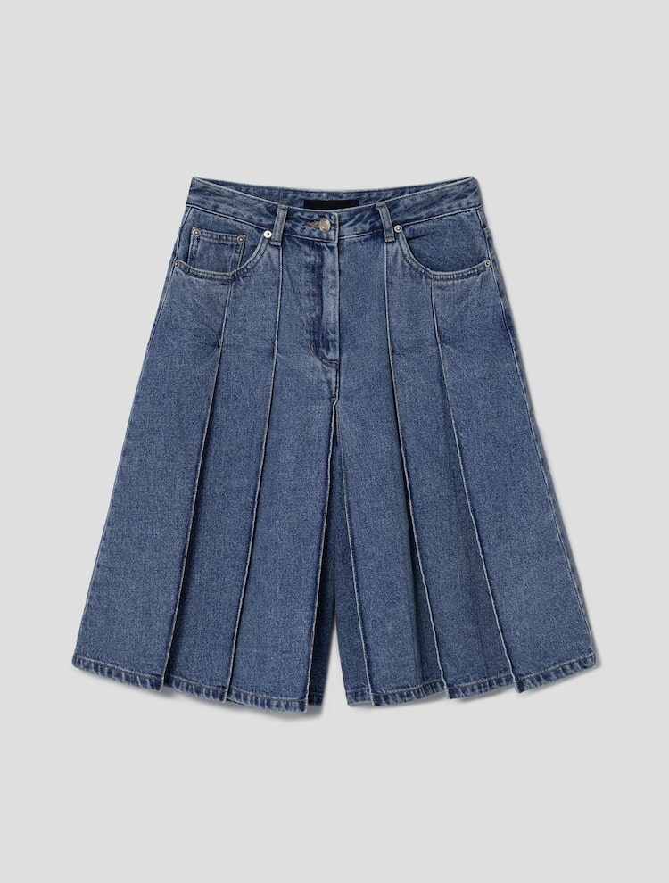 Denim Pleated Shorts - Sky Blue