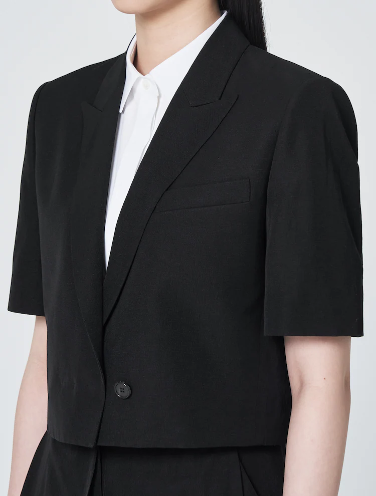 Linen Blended Half Sleeve Cropped Jacket - Black