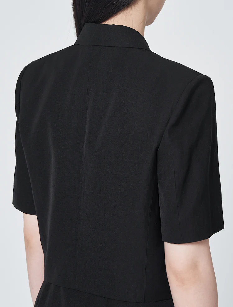 Linen Blended Half Sleeve Cropped Jacket - Black