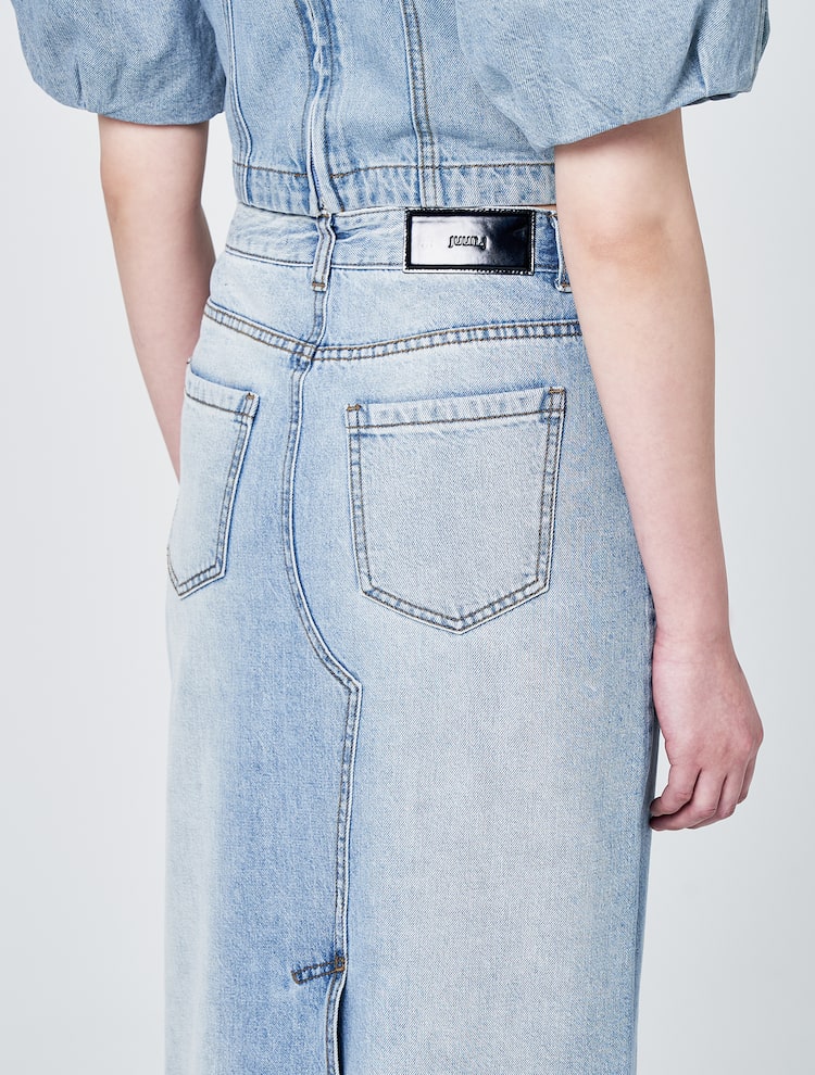 Denim Long Slit Skirt - Sky Blue