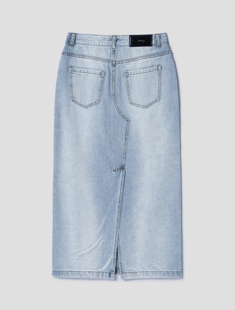 Denim Long Slit Skirt - Sky Blue