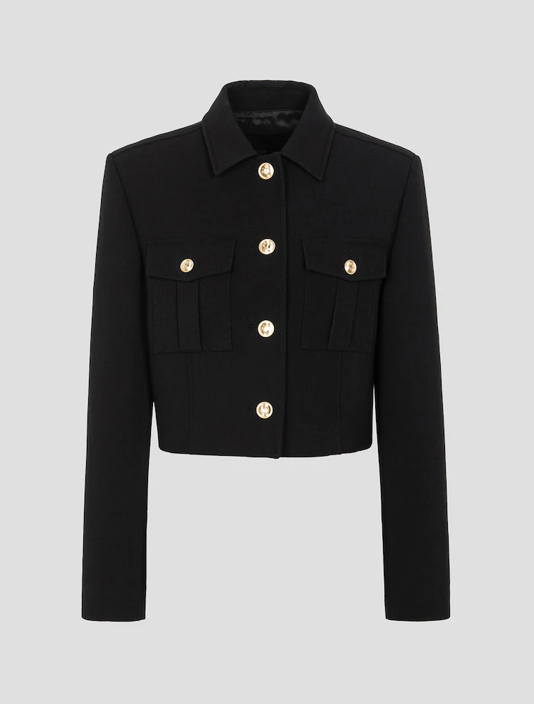 Wool Blended Military Cropped Outpocket Jacket - Black