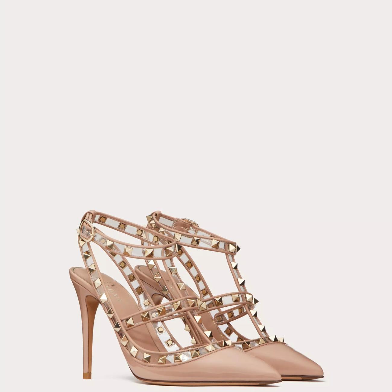 ROCKSTUD STRAP PUMPS IN PATENT LEATHER AND POLYMER MATERIALS 100MM BROWN