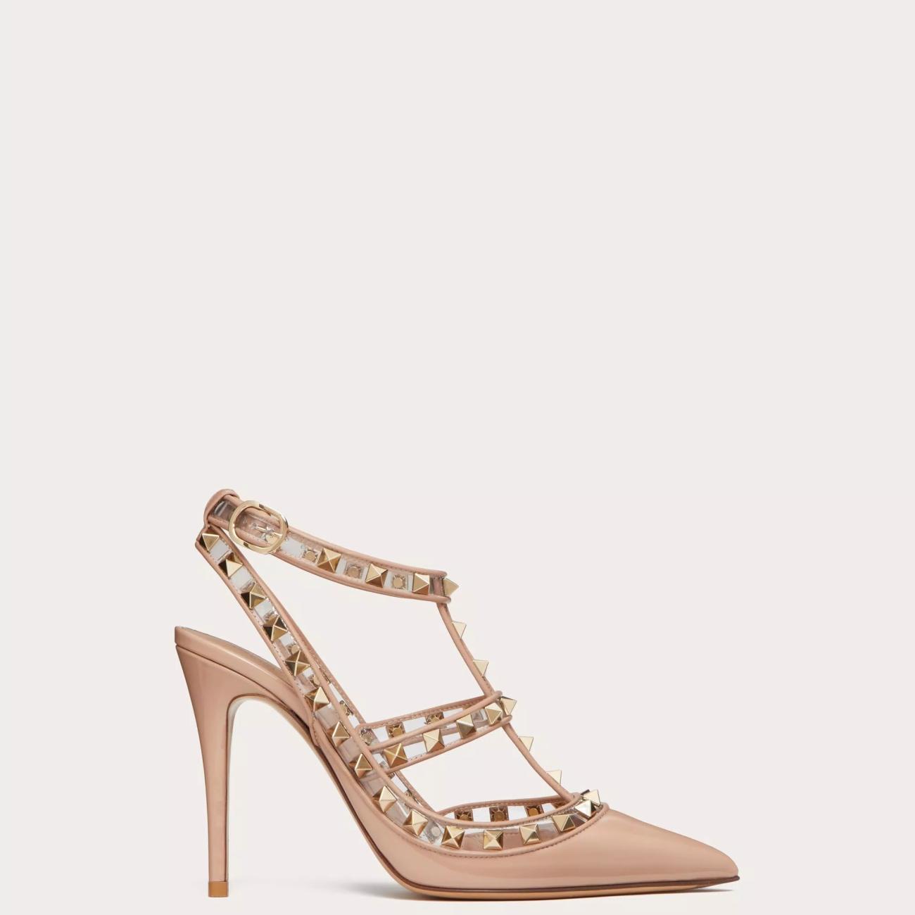 ROCKSTUD STRAP PUMPS IN PATENT LEATHER AND POLYMER MATERIALS 100MM BROWN