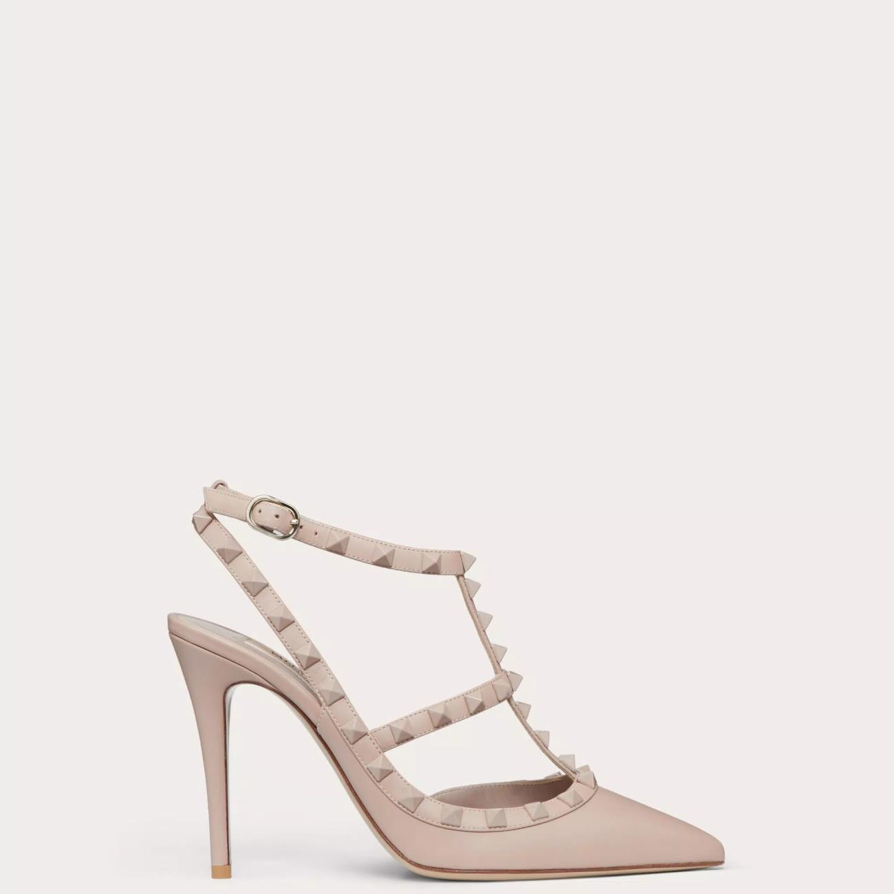 TONE ON TONE STUD EMBELLISHED ROCKSTUD STRAP PUMPS 100MM BEIGE