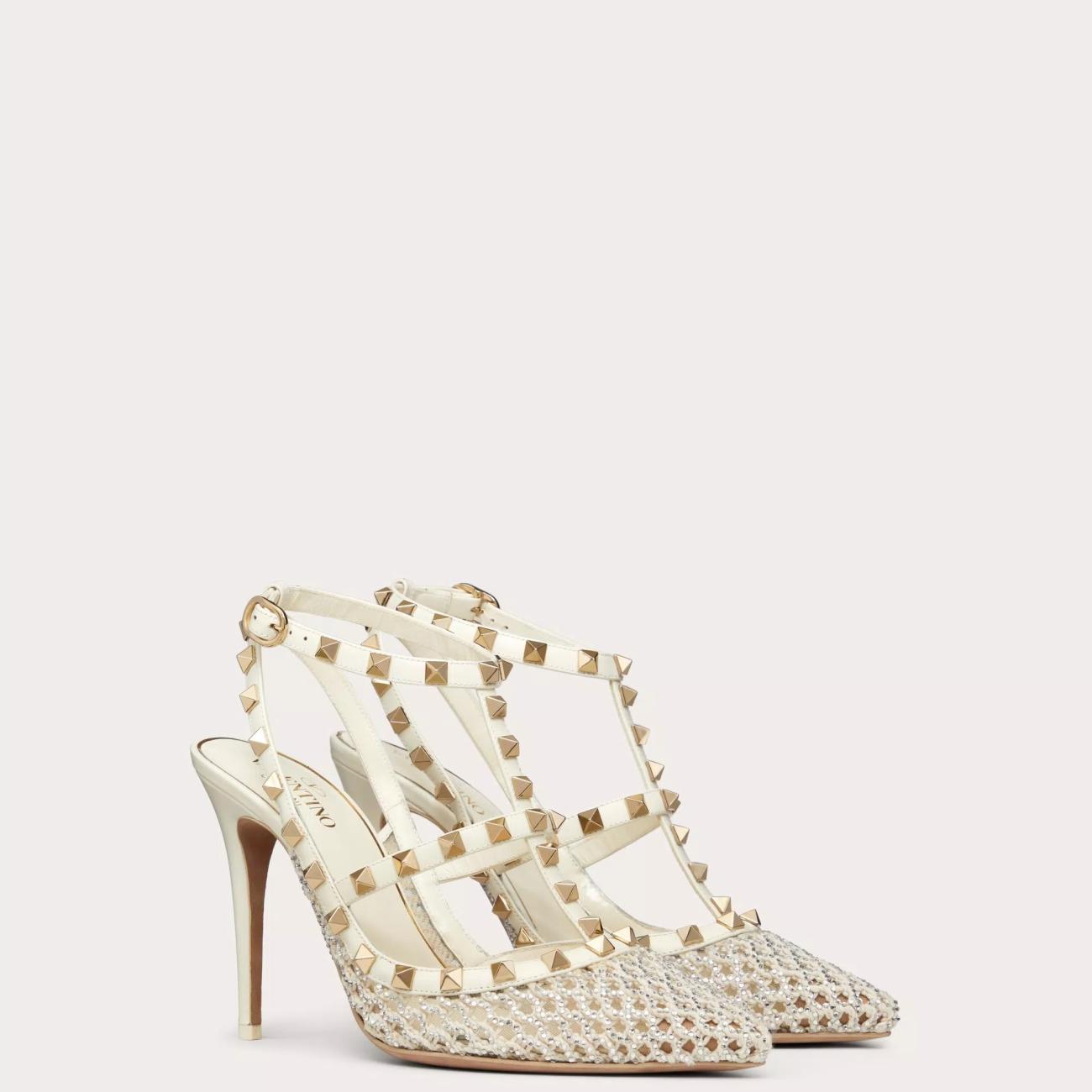 CRYSTAL AND STRAP EMBELLISHED ROCKSTUD MESH PUMPS 100MM