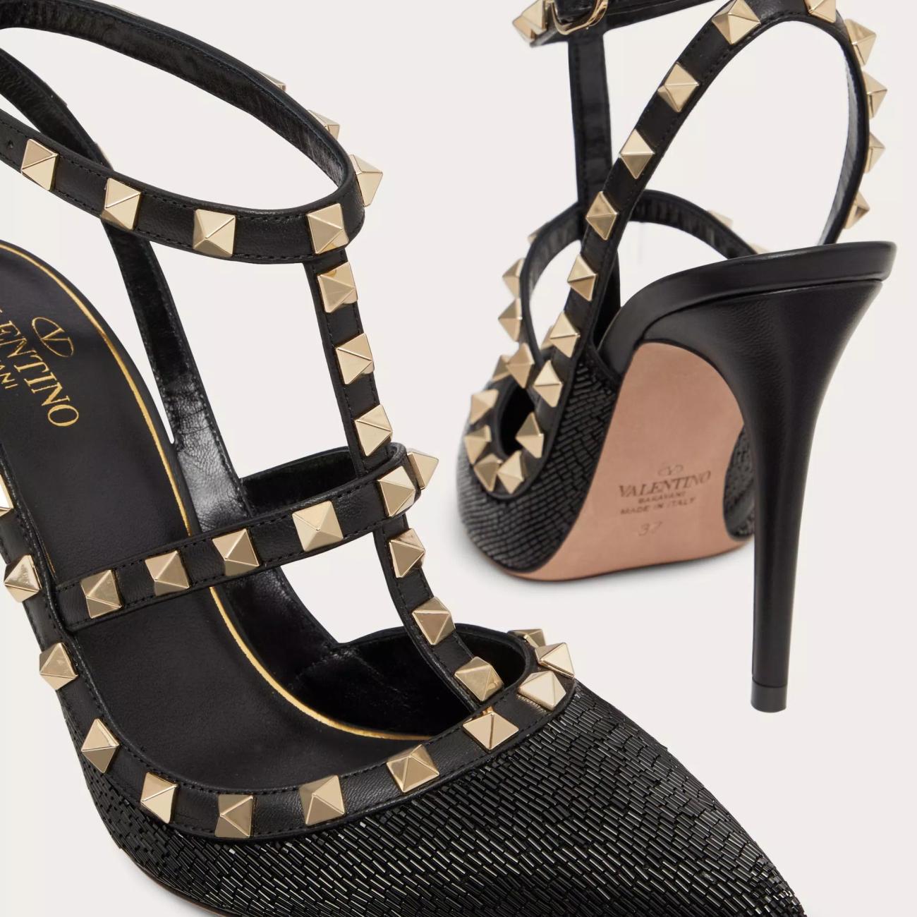 ALL OVER TUBULAR BEAD EMBROIDERY SATIN ROCKSTUD STRAP PUMPS 100MM