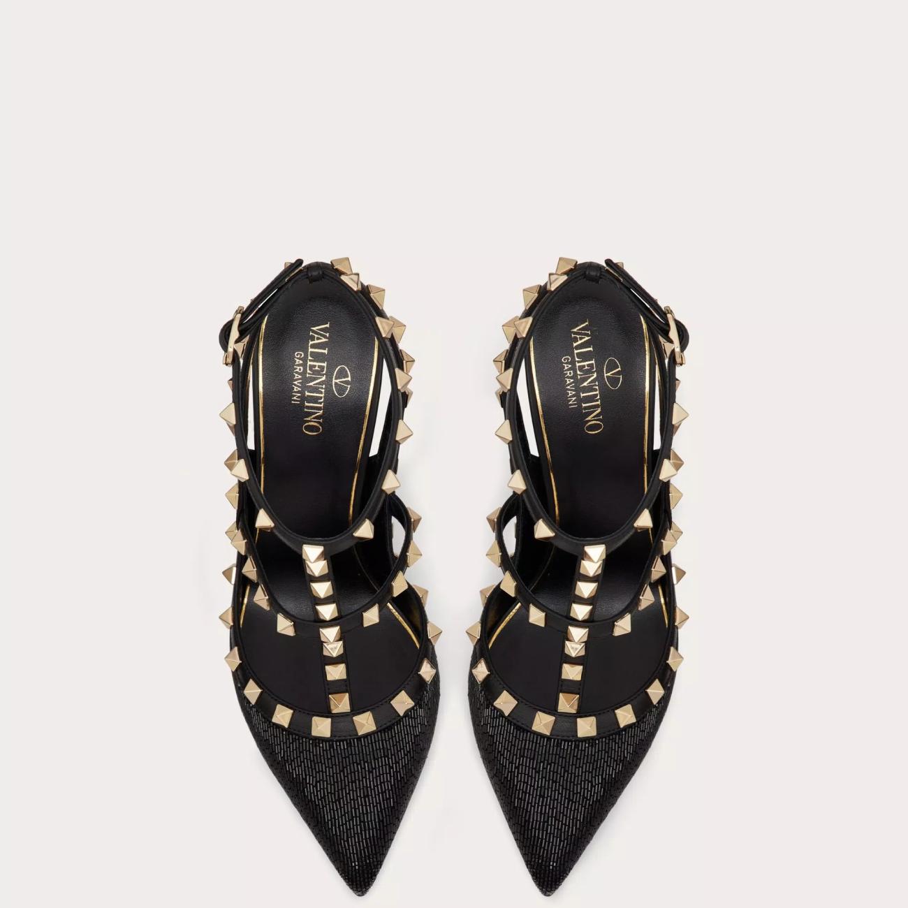 ALL OVER TUBULAR BEAD EMBROIDERY SATIN ROCKSTUD STRAP PUMPS 100MM