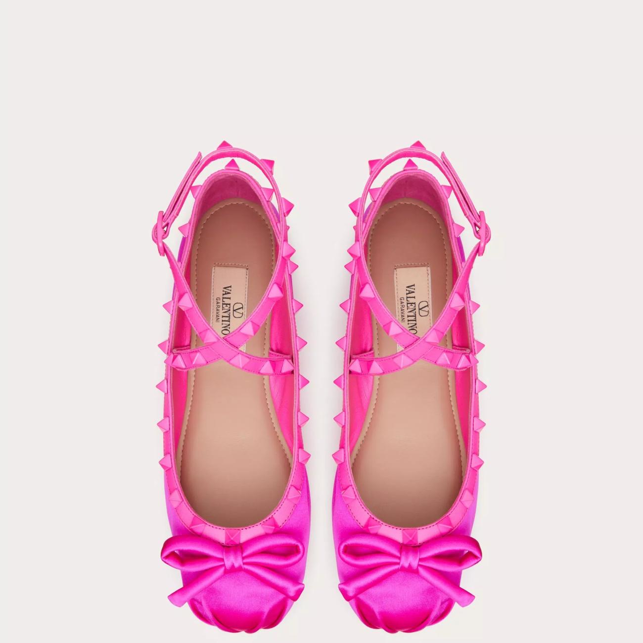 TONE-ON-TONE STUD-EMBELLISHED ROCKSTUD SATIN BALLERINAS