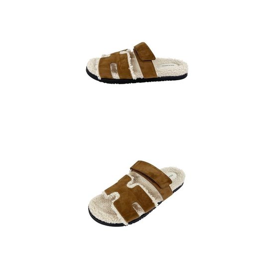Hermes Chypre Sandal Suede Goatskin Woolskin & Brun Fume Ecru