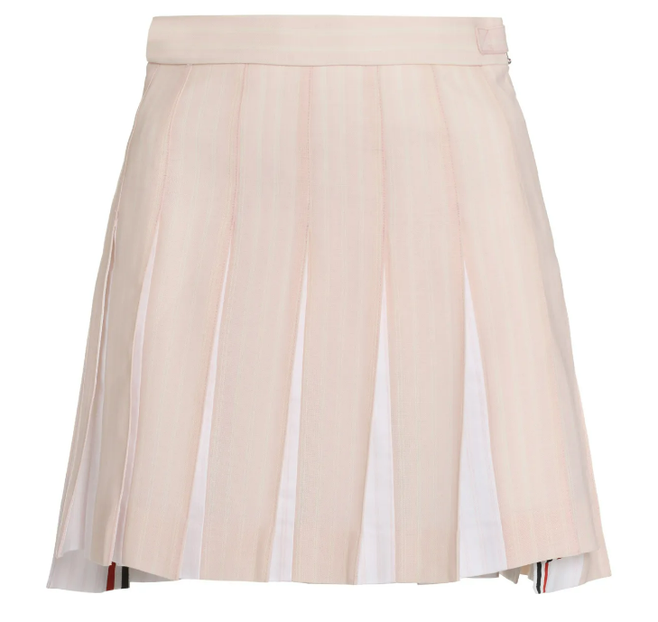 LIGHT PINK HAIRLINE STRIPE TWIST YARN SUITING OXFORD PLEAT DROPPED BACK PLEATED MINI SKIRT