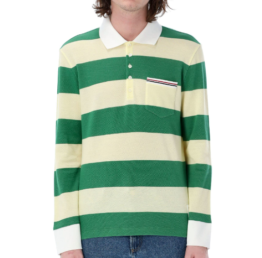 Long Sleeve Pocket Polo In Rugby Stripe Pique