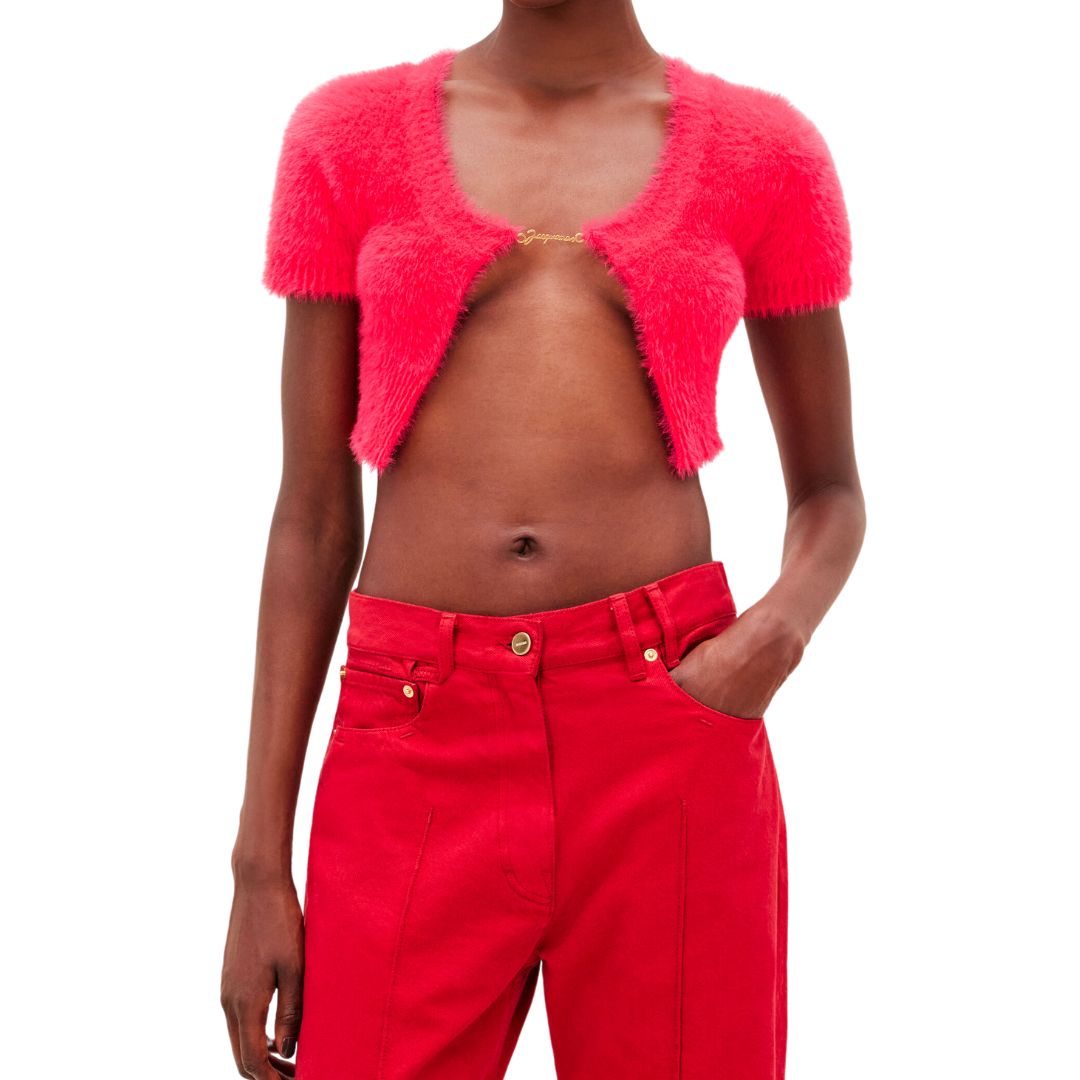 La Mayu Nive Fluffy Charm Logo Cardigan pink