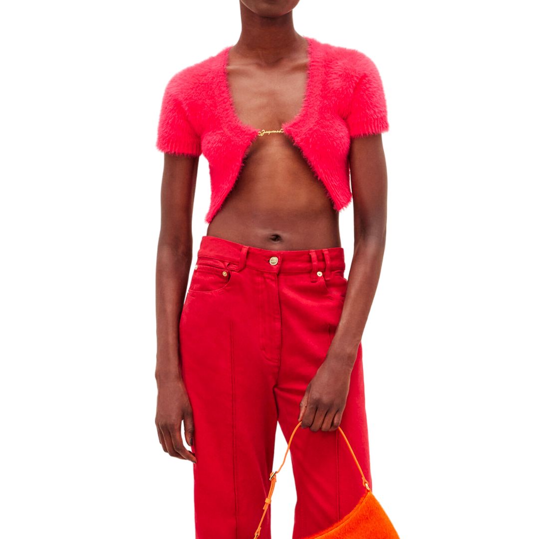 La Mayu Nive Fluffy Charm Logo Cardigan pink