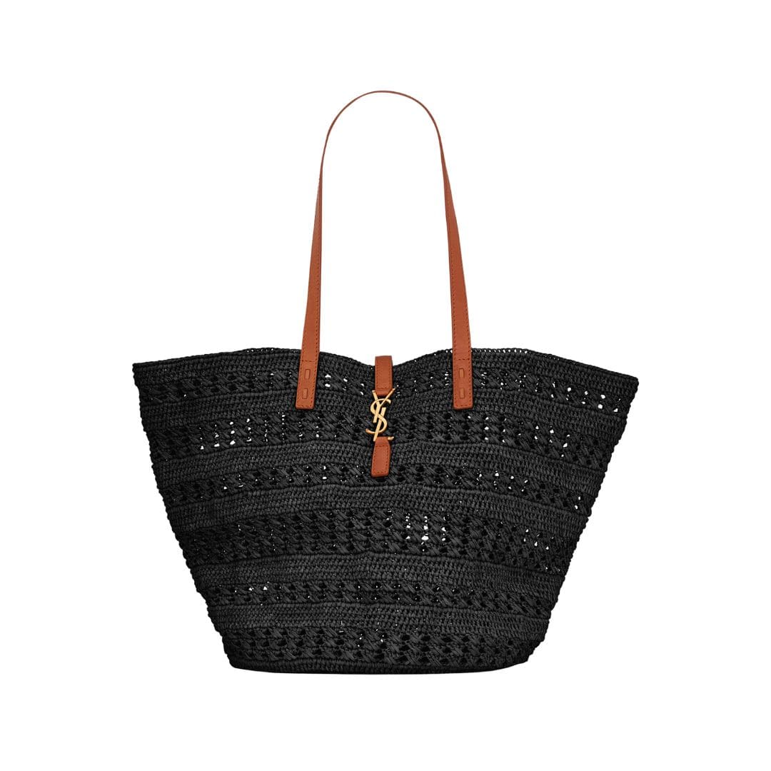 Top Handle Raffia Tote Bag - Black