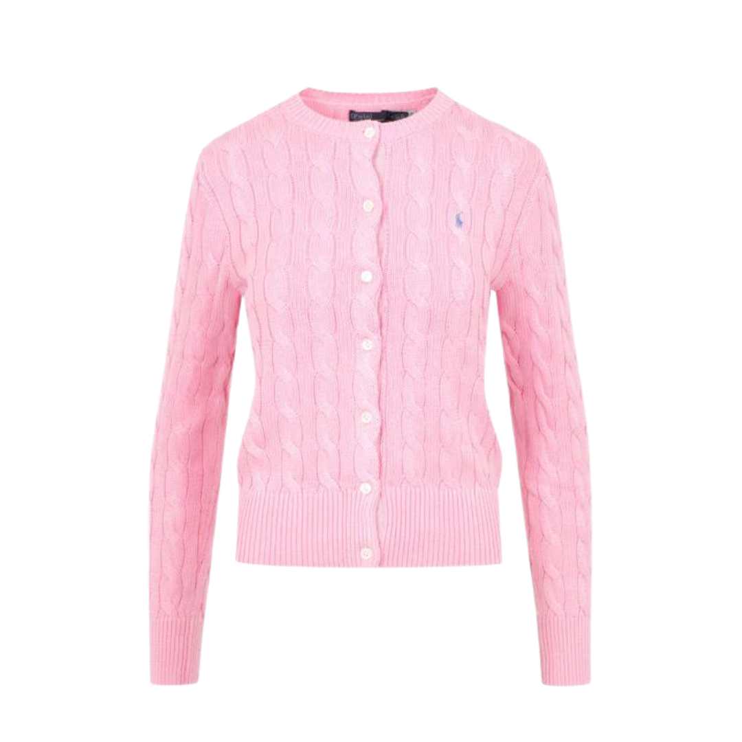 Pony Logo Embroidered Cable Cardigan - Pink 