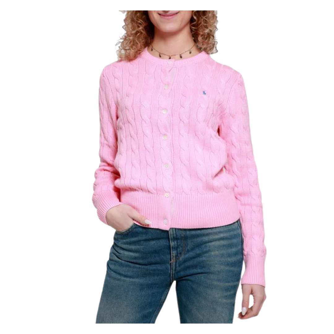 Pony Logo Embroidered Cable Cardigan - Pink 