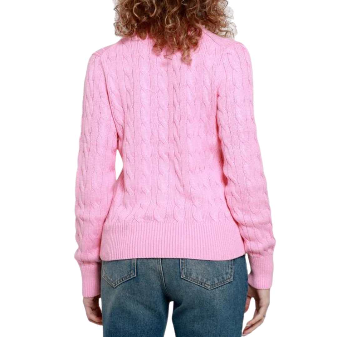 Pony Logo Embroidered Cable Cardigan - Pink 